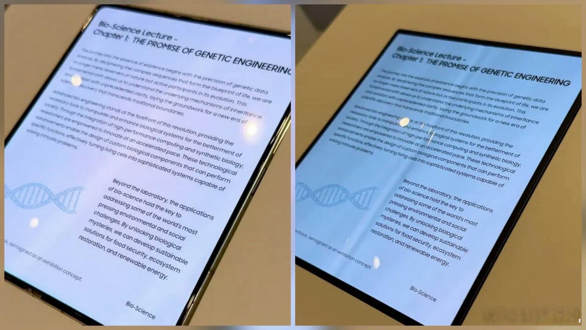 三星展示无折痕折叠屏OLED面板和右边的常规折叠屏面板区别还是挺大的，反正我看了