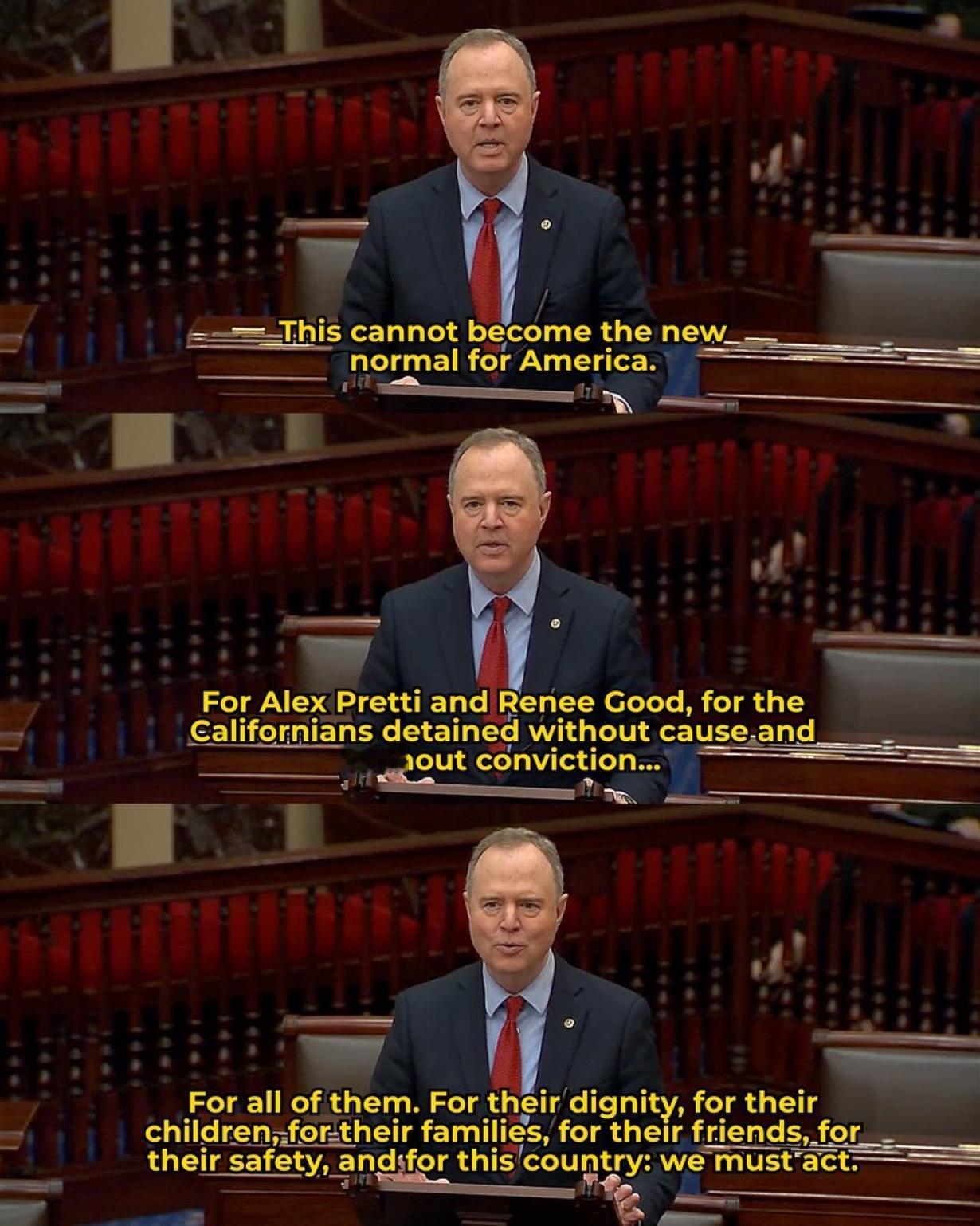 美国国会加州参议员亚当.希夫：

“美国移民及海关执法局（ICE）的暴力和恐怖行