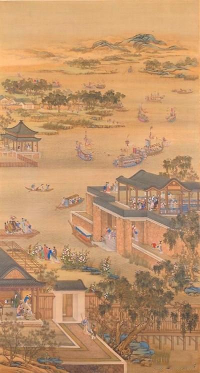 今早翻开书，目光被两幅古画悄然吸引。左边是郎世宁笔下的《五月竞舟》，龙舟竞渡、人