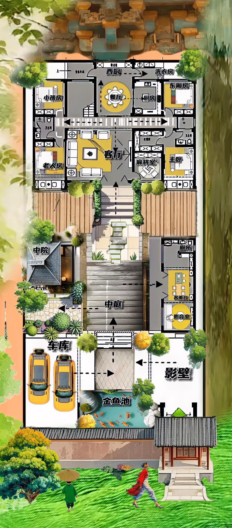 合院自古都是白配绿，素色系搭配是权威，极致东方美，还得看695㎡布局！

院子比