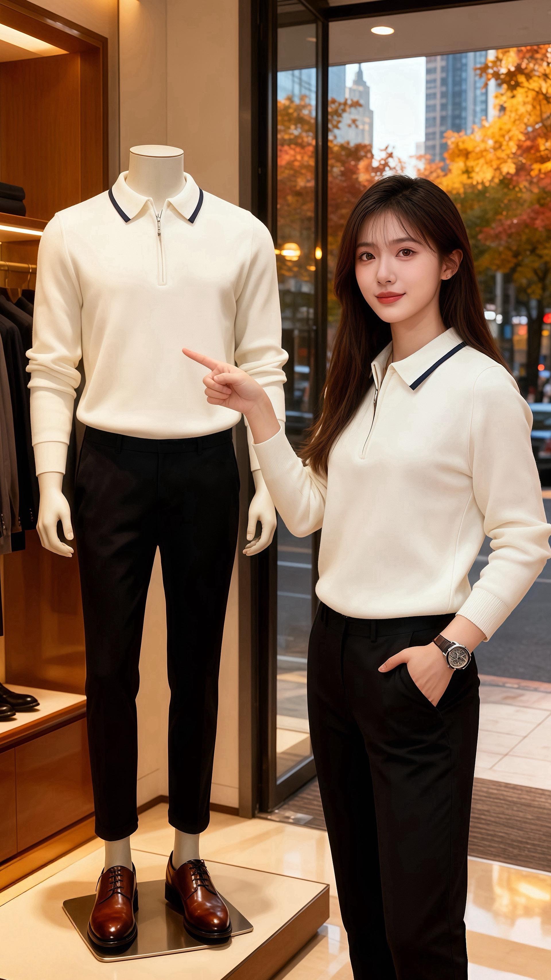 雨后秋意裹着咖啡香漫进橱窗，许妍指尖掠过衣架，白衫领口的藏青边衬得她眼...