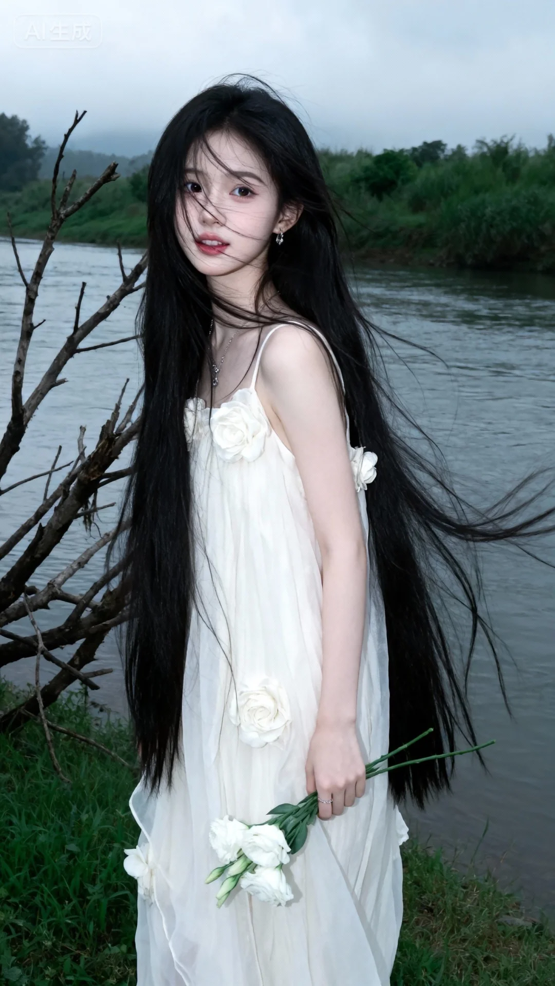 真实摄影，头部特写，黑色长发，身穿白色飘逸长裙（裙身有花朵装饰），手持白色花朵