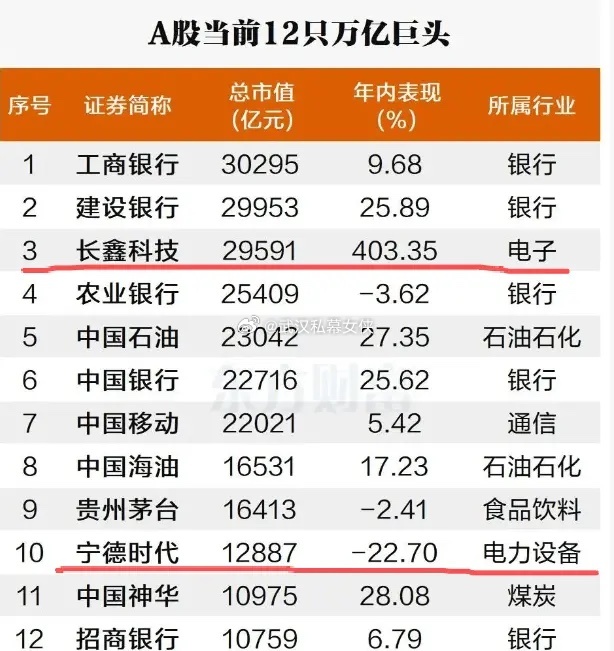 女侠看了下，A股现在只剩下12家万亿市值公司了。其中科技股就2家，长鑫科技+宁德