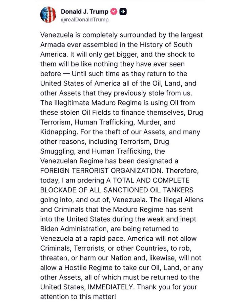 🚨🇺🇸🇻🇪突发新闻：特朗普下令对所有委内瑞拉油轮实施“全面彻底封锁”