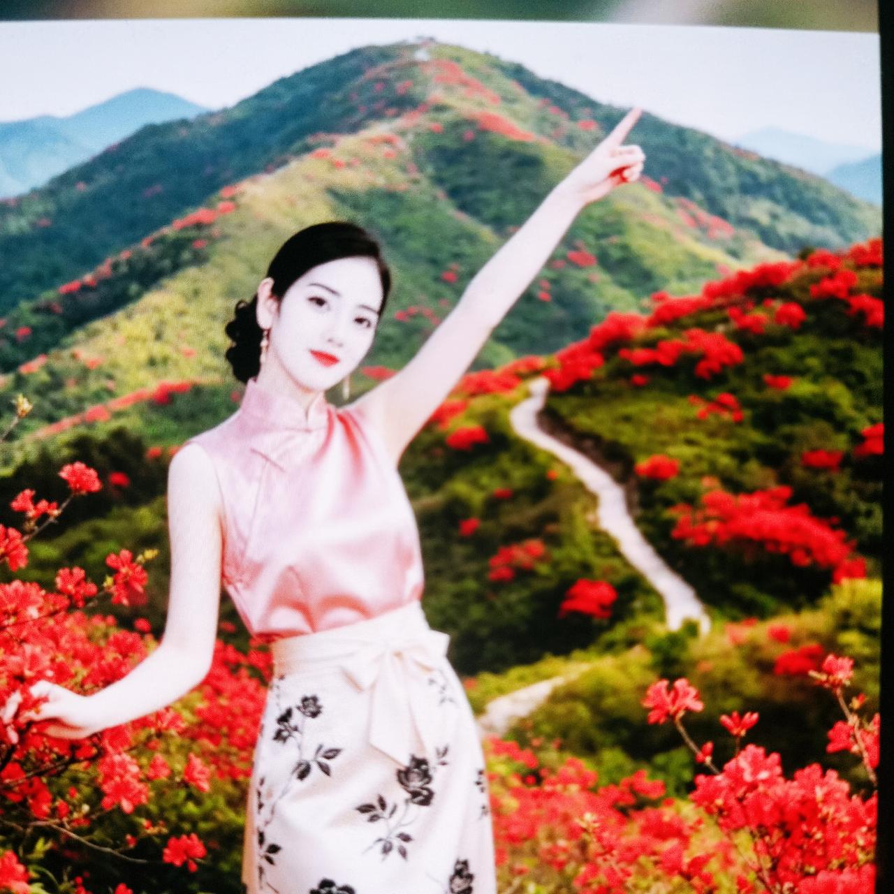 山间红花开满路，轻纱薄裙舞春风。