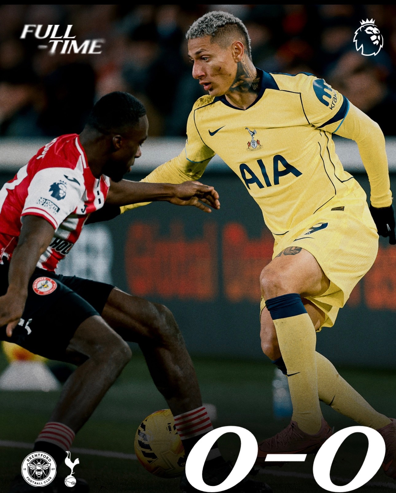 全场比赛结束，热刺在客场0-0战平布伦特福德，极其无聊的一场比赛，沉闷、丑陋，双