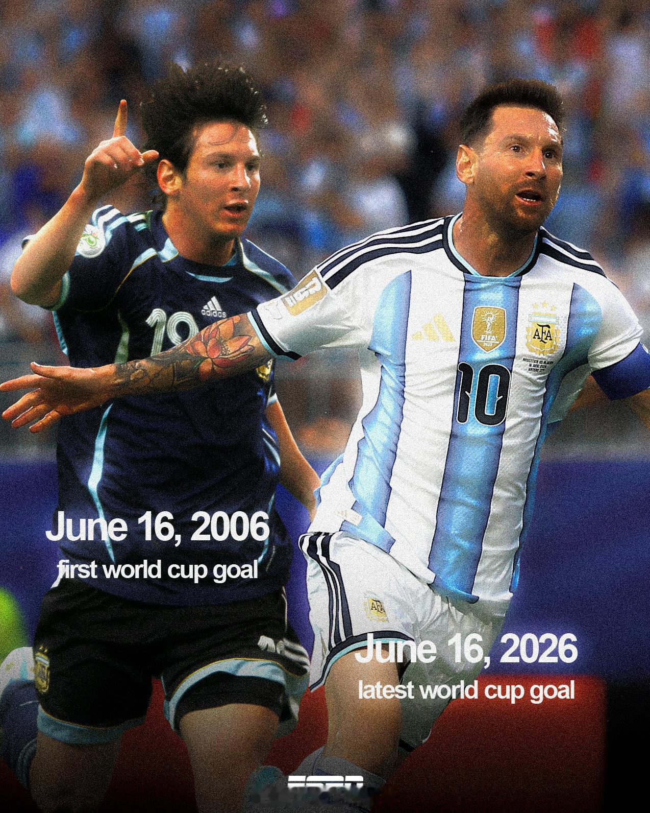 2006年6月16日：梅西世界杯首粒进球（德国世界杯小组赛阿根廷6-0塞黑）。整