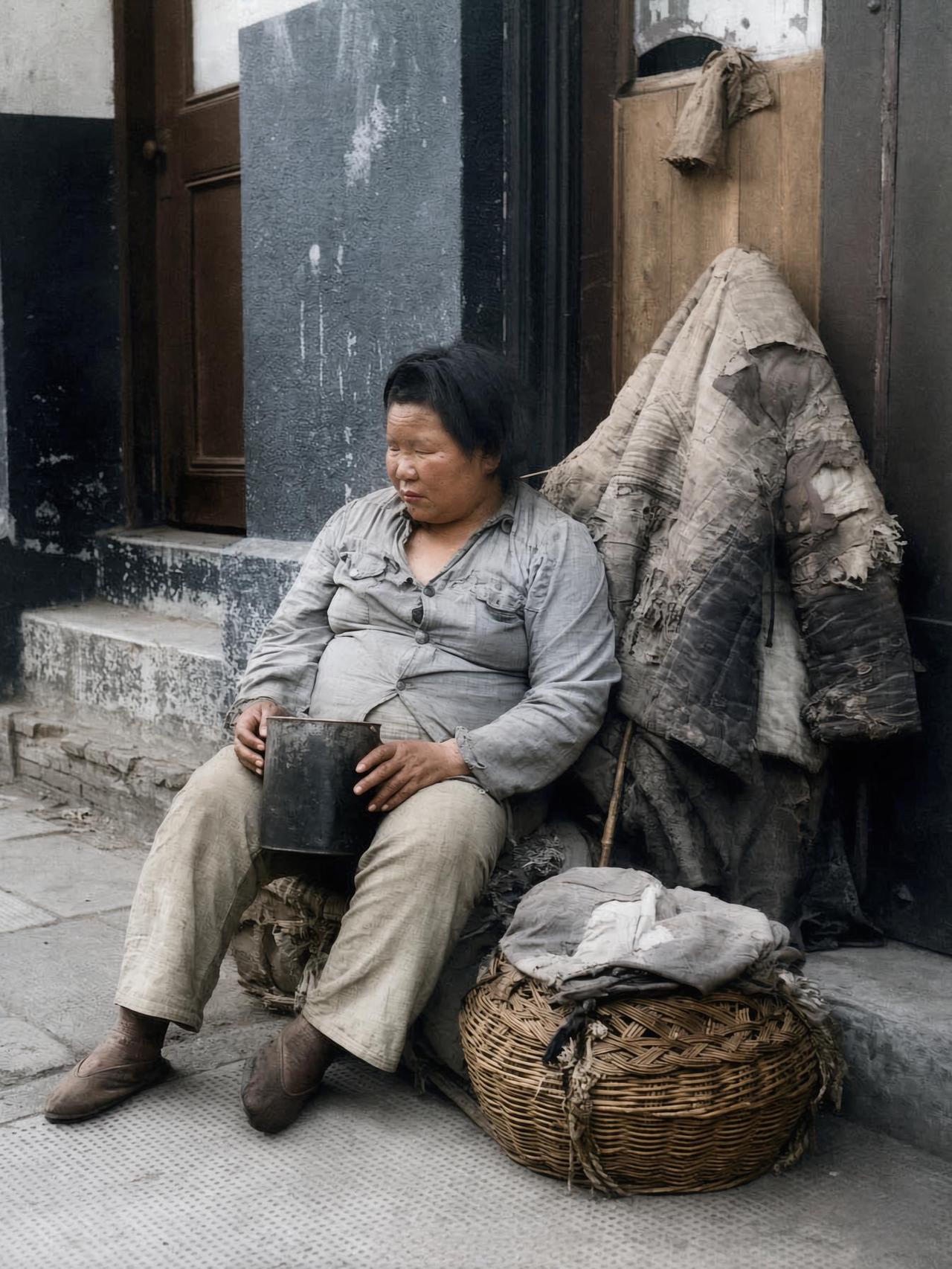 1948年4月，上海街头，一位盲妇倚门行乞，她坐在斑驳的门框台阶上，身着磨损的衣