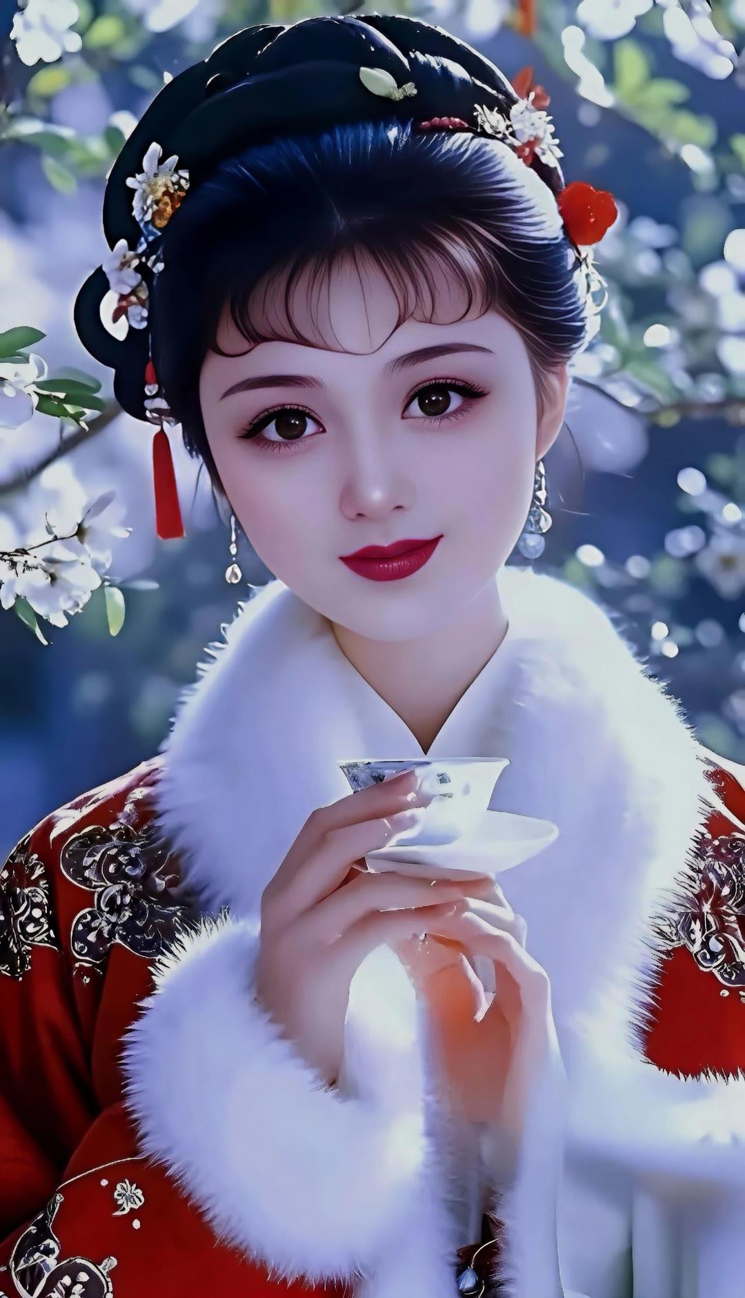 穿越时空的古典美人，手持茶杯，静享悠然时光。