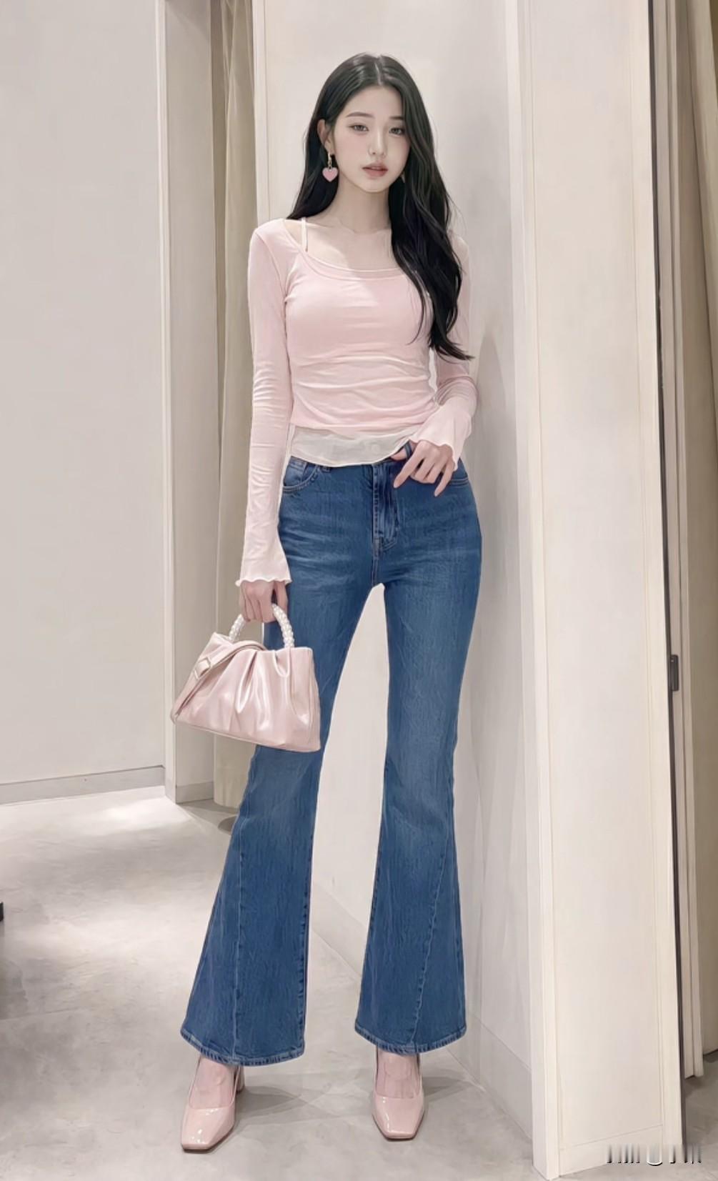 如何搭配时髦修身牛仔裤?
温柔甜美风牛仔裤穿搭公式get✅
浅粉修身长袖上衣+高