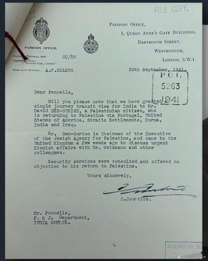 以色列“国父”本古里安曾是巴勒斯坦公民这是一份新近披露的英国过境签证文件，持有者