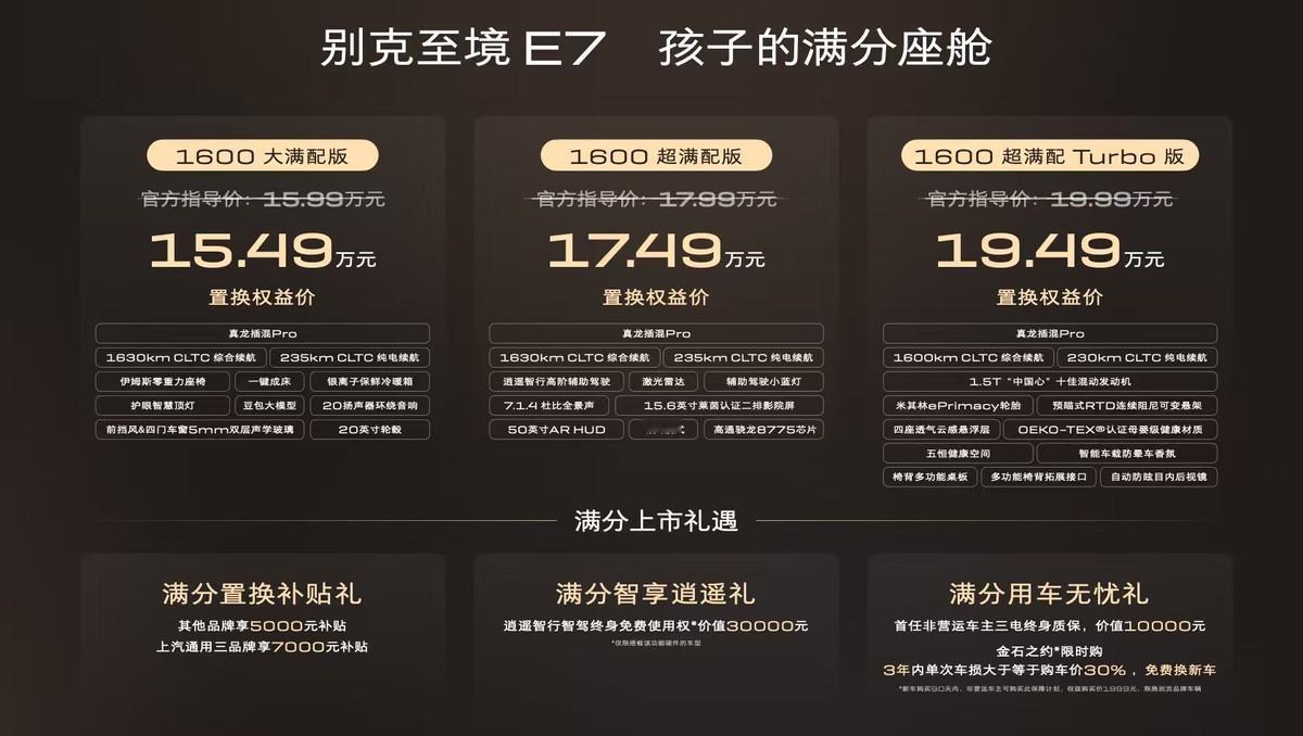 15.49万起+42项标配，别克至境E7选购指南来啦！

别克至境E7已经在4月