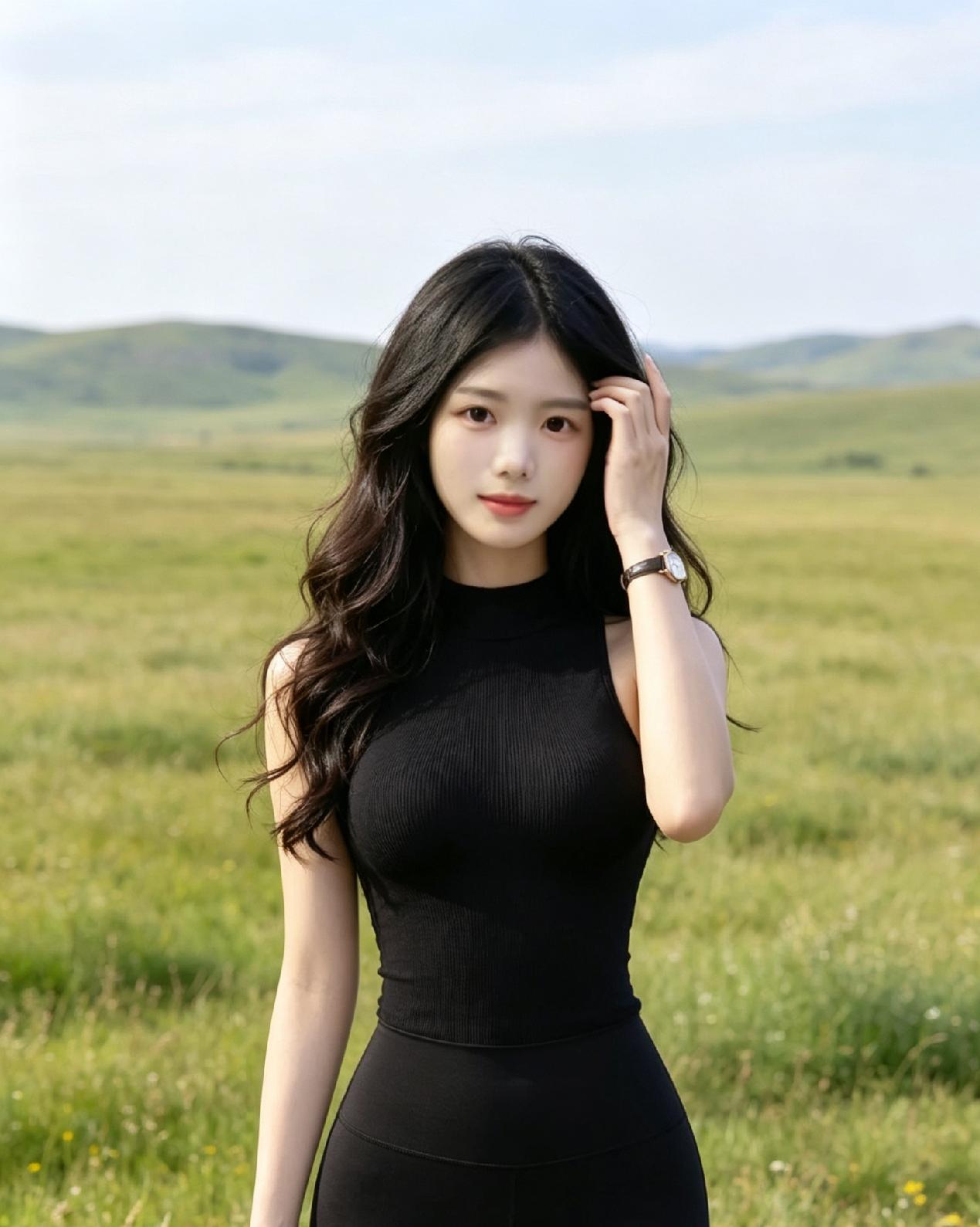 黑色服饰怎么穿才高级? 在广阔的草原上，黑裙少女温柔地抚摸着头发，享受着自然美好
