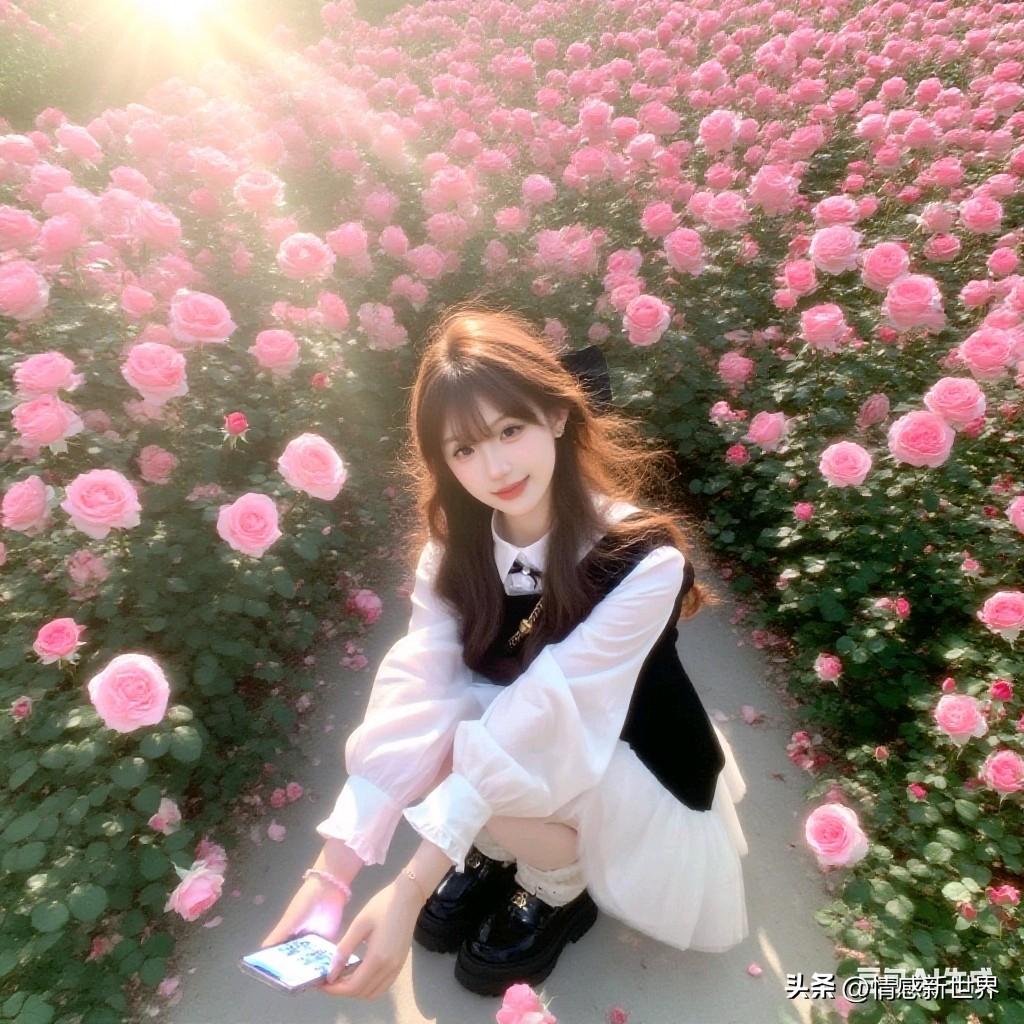 少女在粉色花海中微笑，阳光洒满整个画面美少女的微笑 花海少女感