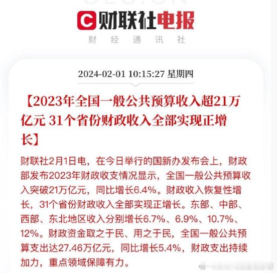 热烈祝贺2023年全国财政预算收入突破21万亿元！热烈祝贺2023年31个省市财