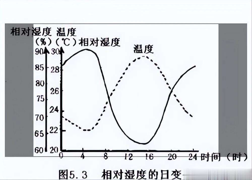 一天中：相对湿度最大值出现在清晨，最低值出现在午后。如果清晨4-5点咳嗽、腹泻，