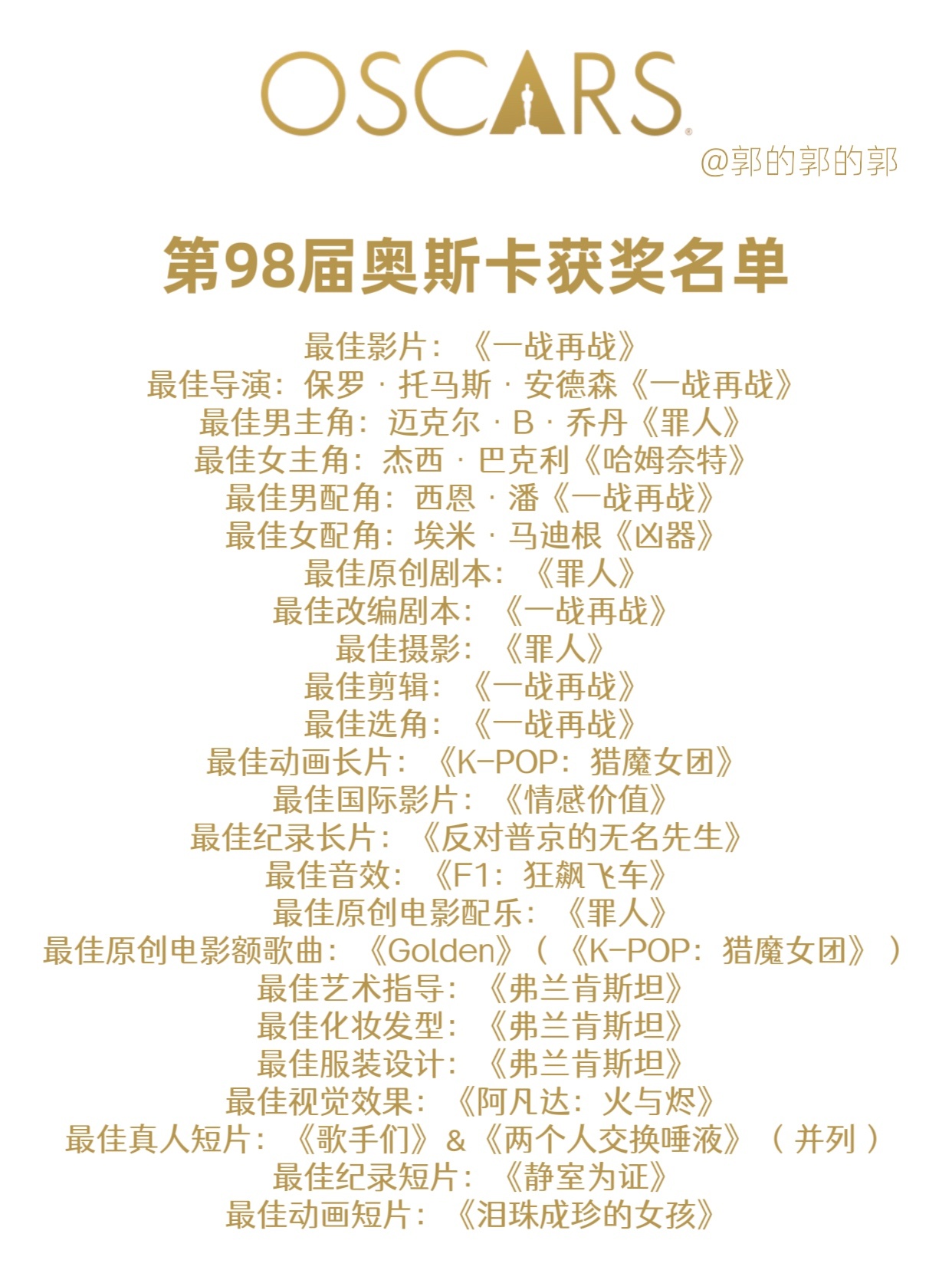 2026奥斯卡获奖名单第98届奥斯卡公布获奖名单，影片《一战再战》获得最佳影片在