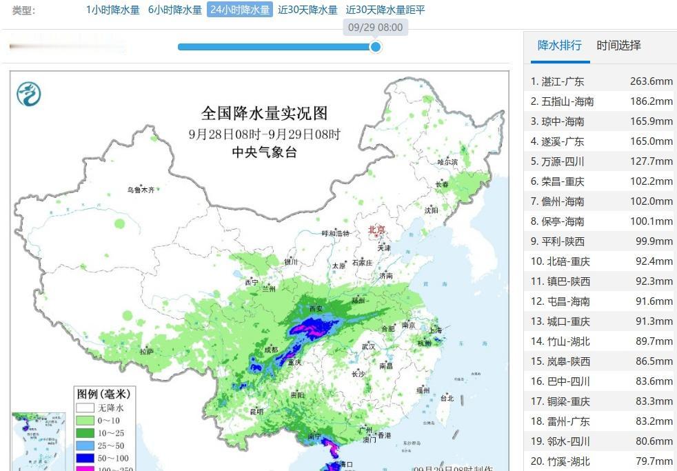 昨夜今晨我国无论华南的台风暴雨还是秦巴山区的秋雨都非常猛烈，四川陕西广东海南出现