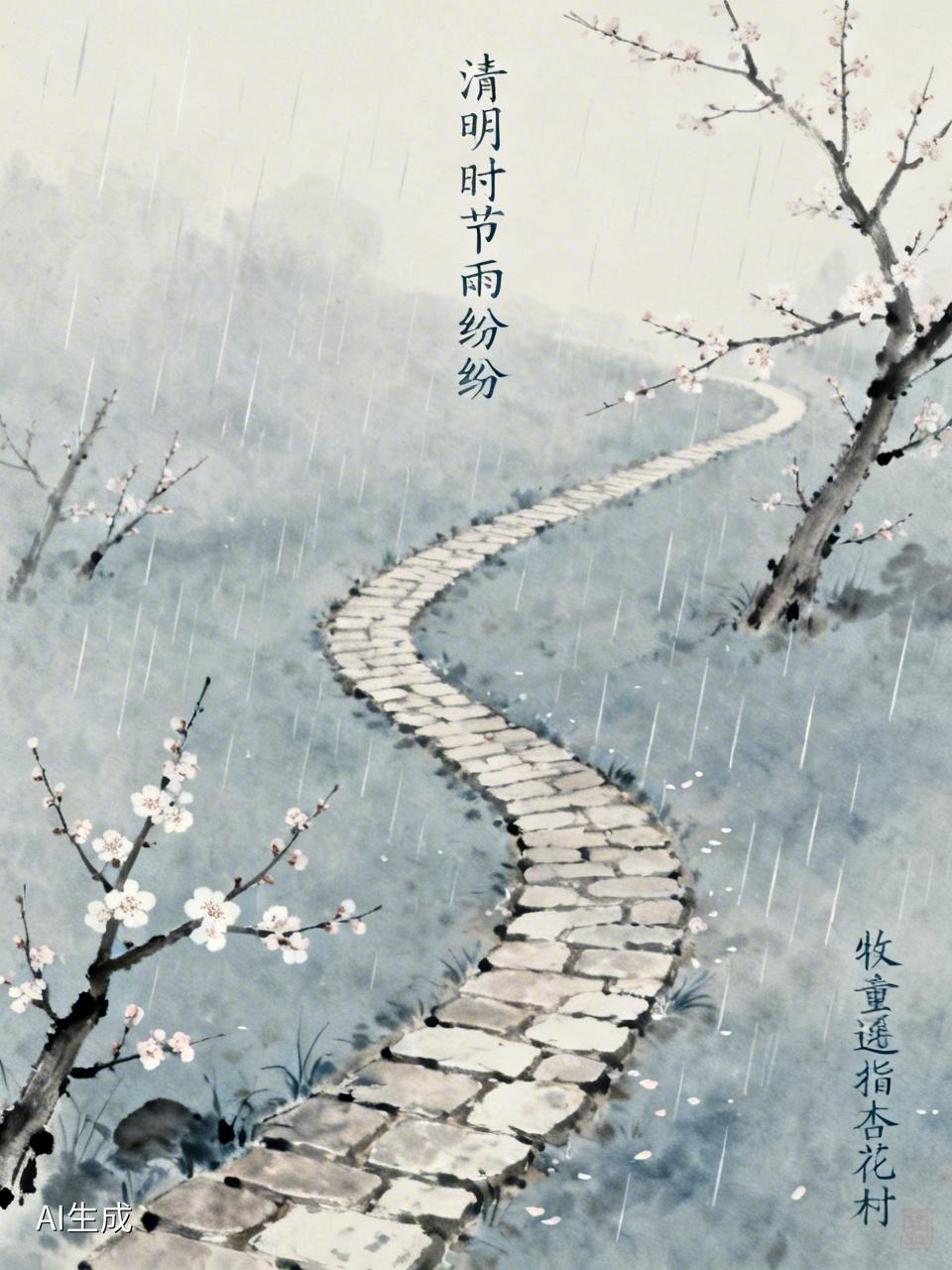 清明时节雨纷纷，
路上行人欲断魂。
借问酒家何处有，
牧童遥指杏花村。