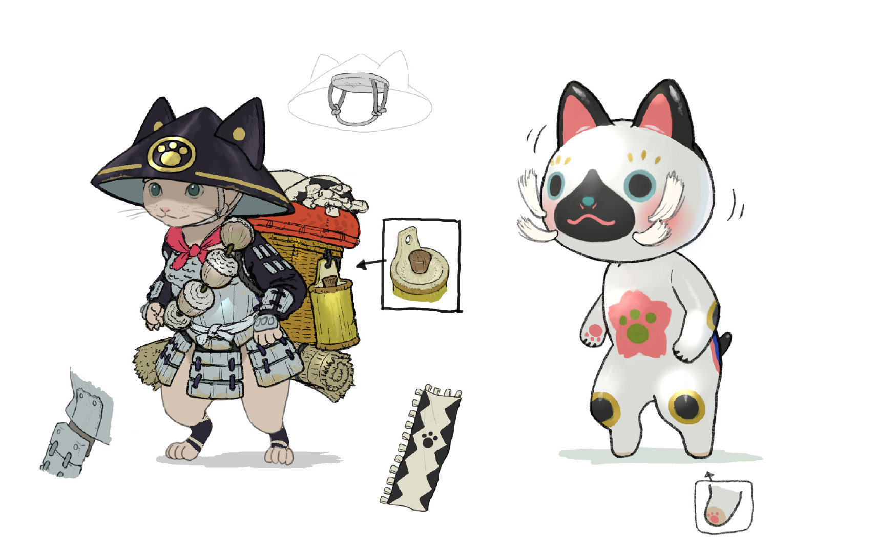 《怪物猎人荒野》公开了「足轻猫/纸糊猫α」艾露猫装备开发设计图。 