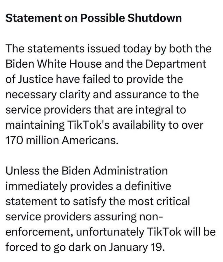 突发：TikTok 表示，“除非拜登政府”采取行动，否则该应用将于周日在美国下线
