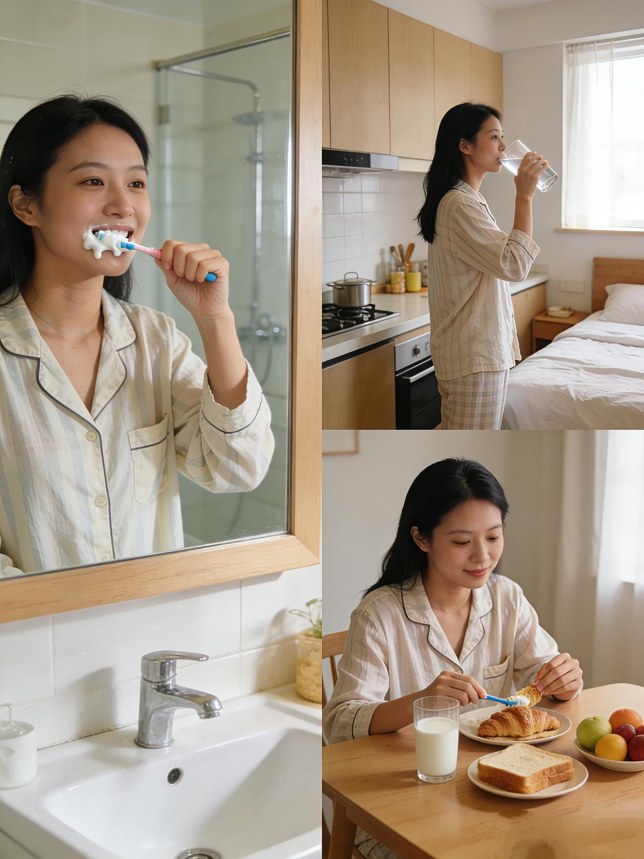 我个人认为正确顺序是：先刷牙 → 再喝水 → 再吃饭。

一晚上口腔细菌那么多，