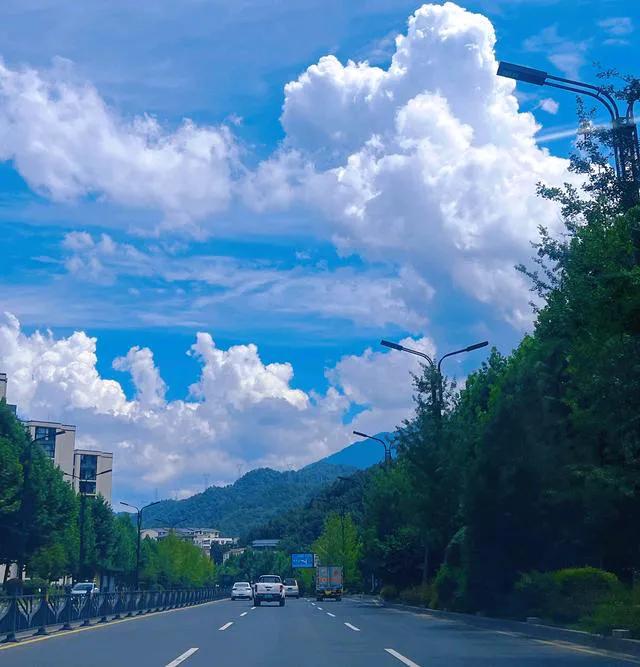 #随手拍一张你所在城市的蓝天#太美了，公路，绿树与白云结合形成靓丽的风景线[灵光