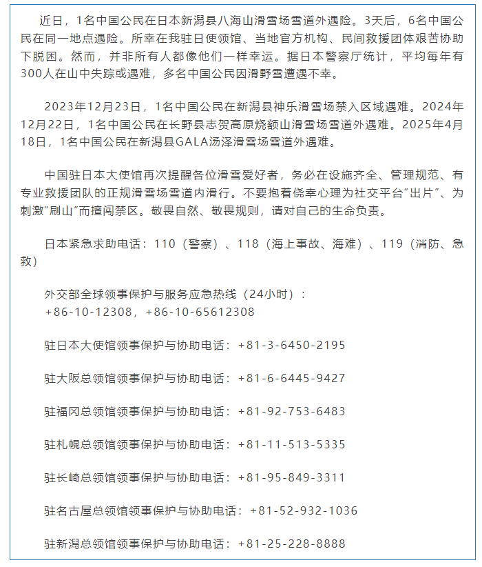 #多名中国公民在日本滑雪场遇险#近日，1名中国公民在日本新潟县八海山滑雪场雪道外