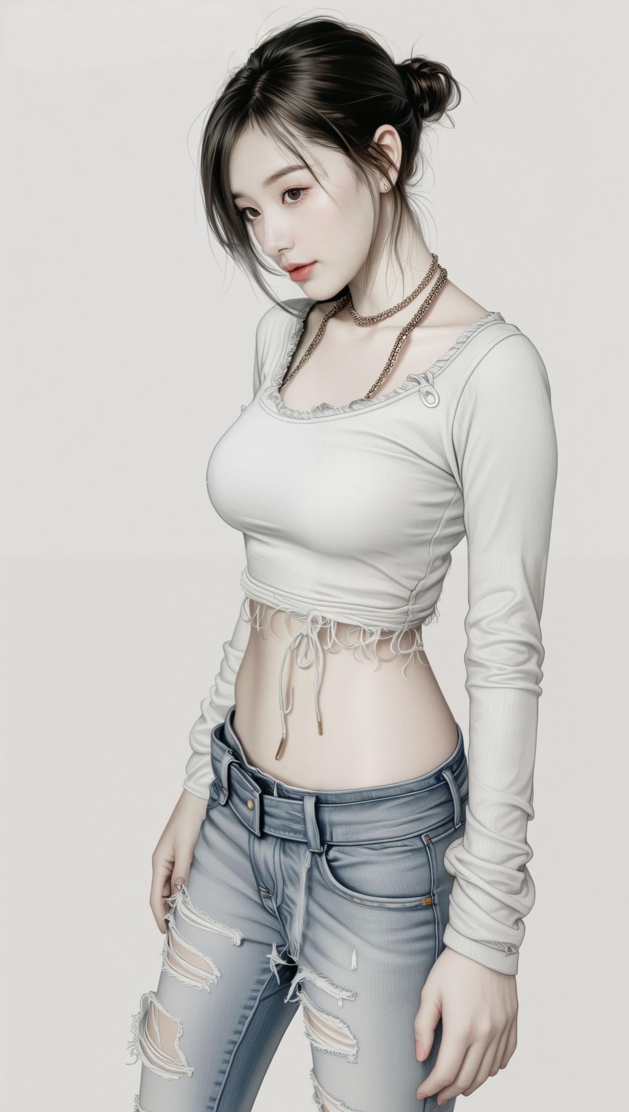 清新少女风，白色长袖上衣搭配破洞牛仔裤，时尚又舒适！💕