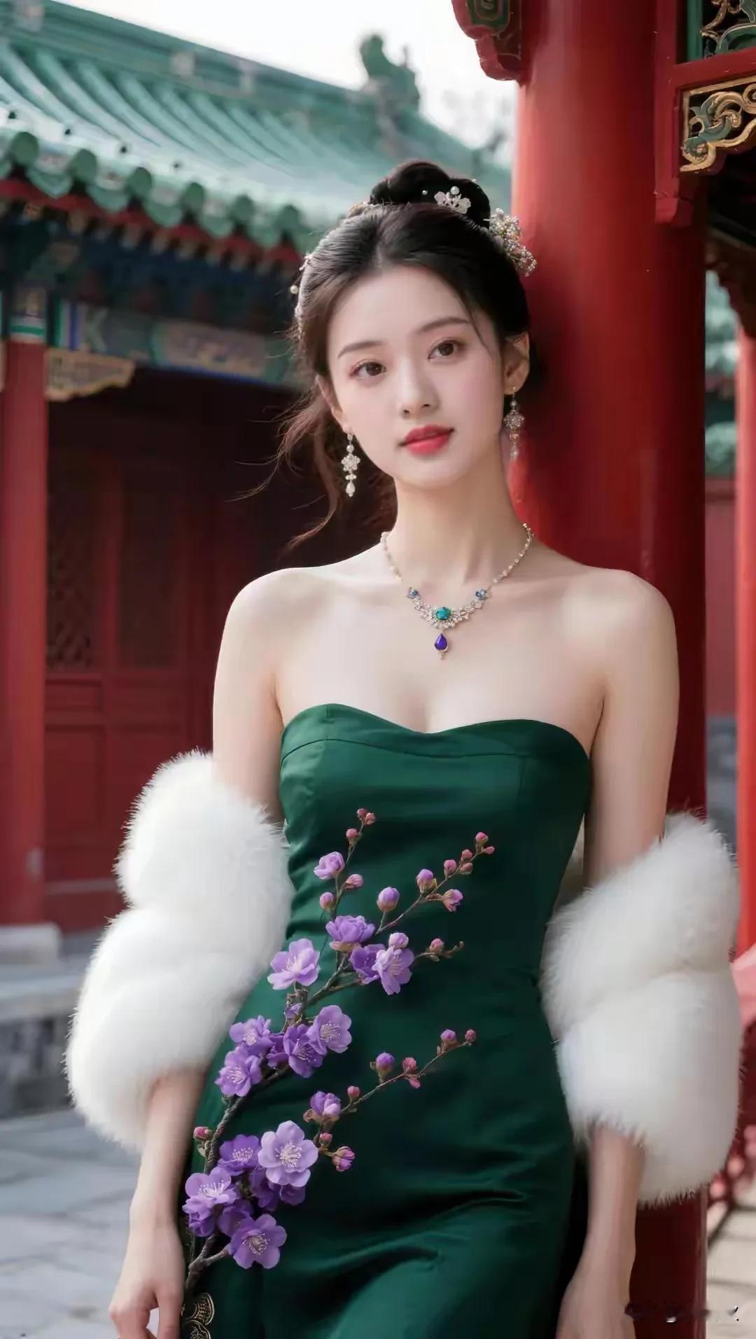 墨绿旗袍，配绒披肩
宫墙之下，美到失语
花容月貌，梨花带雨
绝代佳人，明眸皓齿