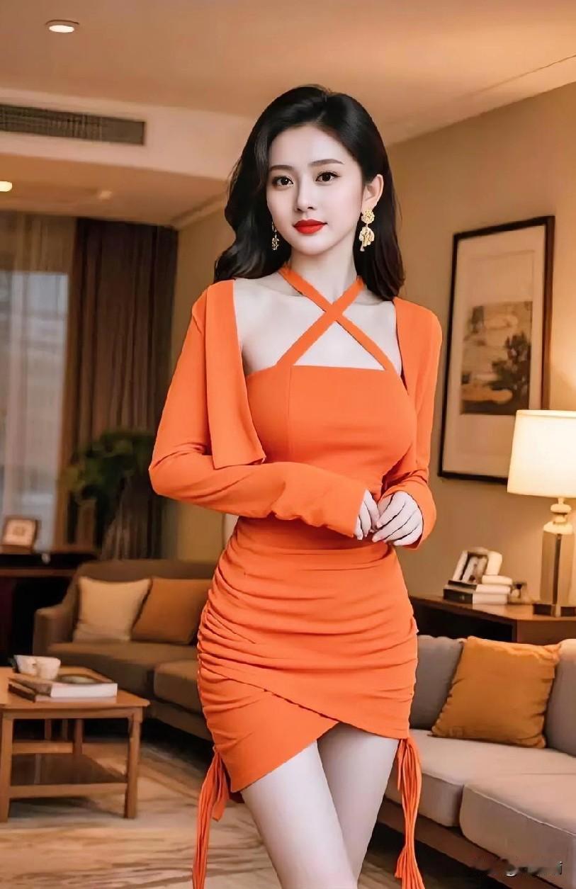 穿橙色裙子的美女在客厅里摆姿势。
减龄少女感穿搭