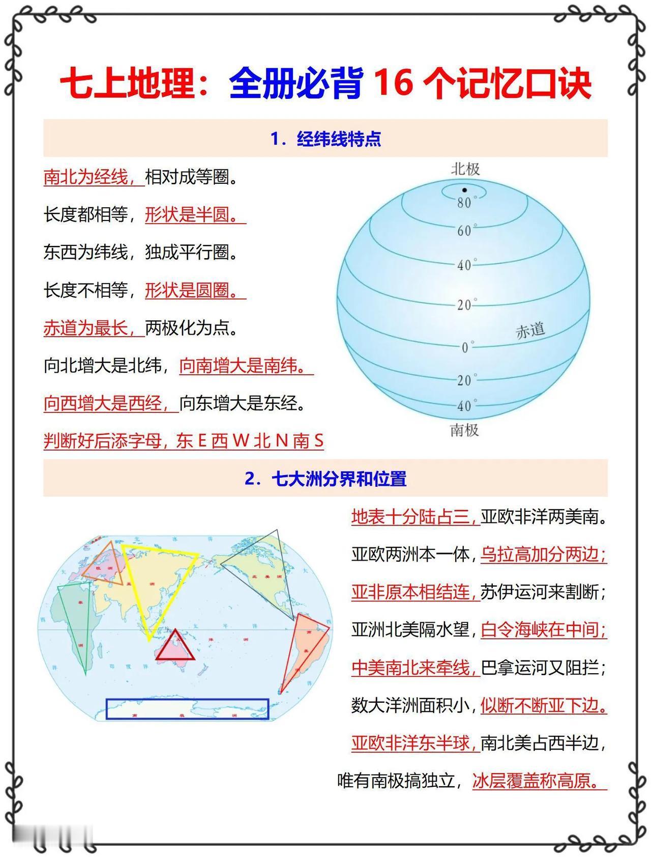 七上地理全册必背16个记忆口诀🔥