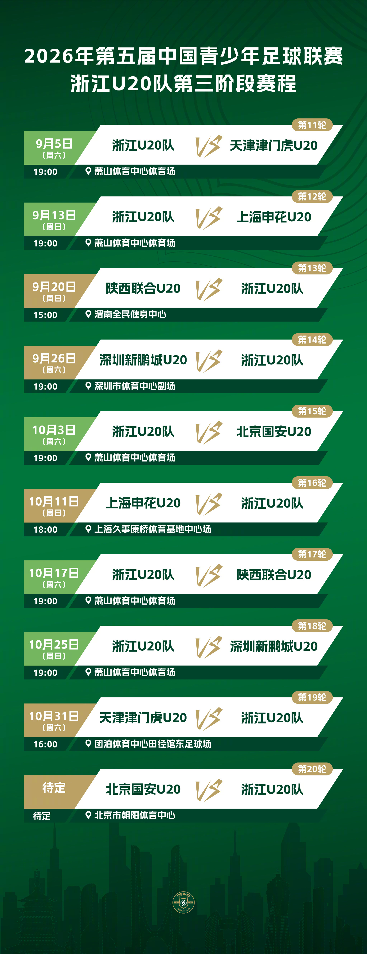 2026年第五届中国青少年足球联赛（第三阶段）浙江U20队赛程出炉浙江队[超话]