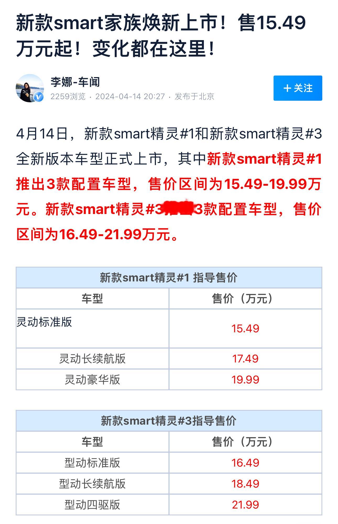 Smart上新款了，也降价了。 ​​​