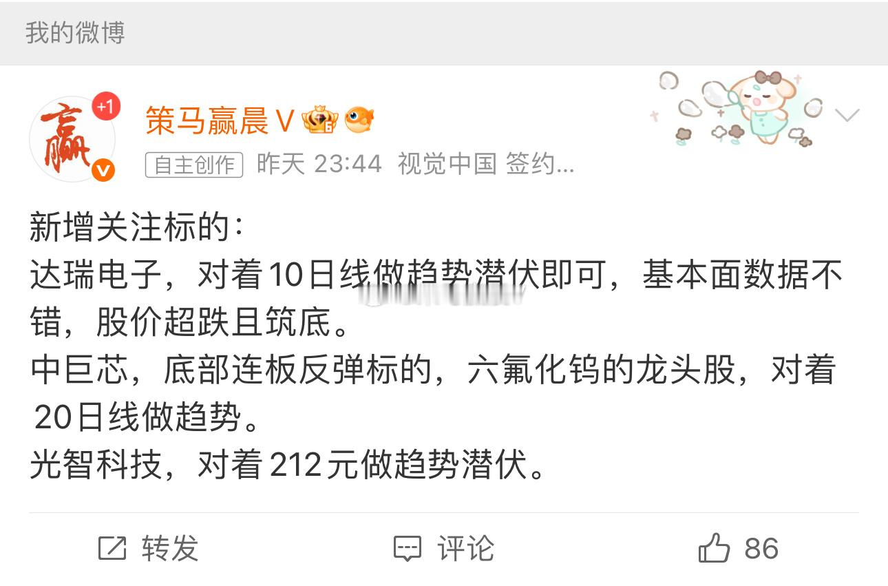 昨天晚盘发布的新增标的。 达瑞电子，成本58元低吸介入先手，光智科技成本212元