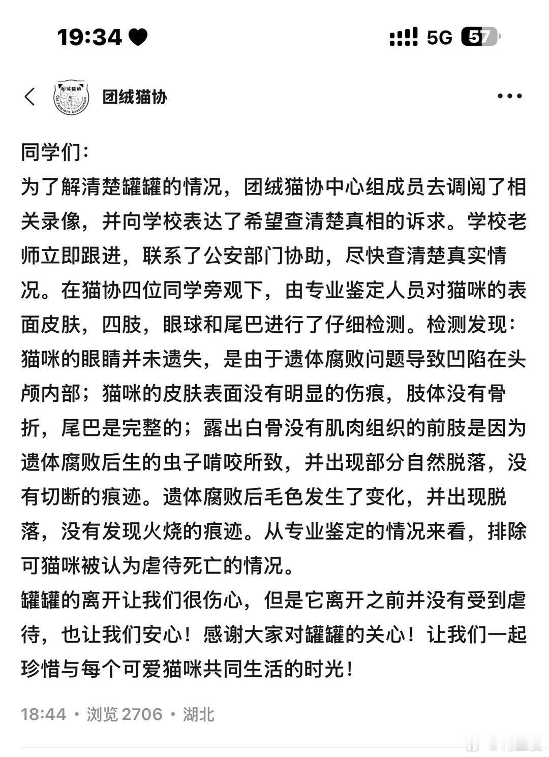 罐罐后续——猫协发文:从专业鉴定的结果来看，排除虐待死亡的情况！(松了口气，但也