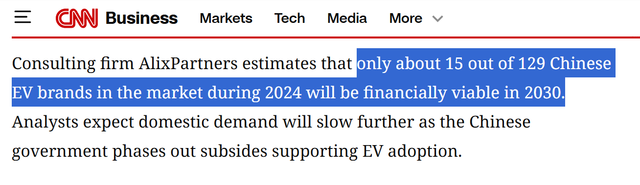 CNN的报道：2030年中国129个电动品牌中大概15个能活下来，大家怎么看 
