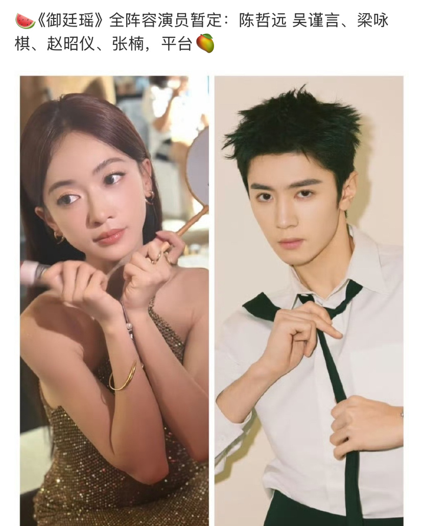 电视剧《御廷瑶》演员阵容终究还是陈哲远、吴谨言了，是不是于正也没什么办法。 ​​