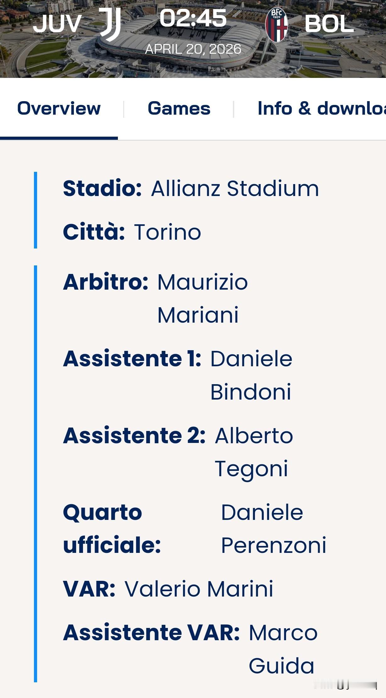 第33轮下周一245尤文图斯主场迎战博人。
主裁判:马里亚尼
var裁判:马里尼