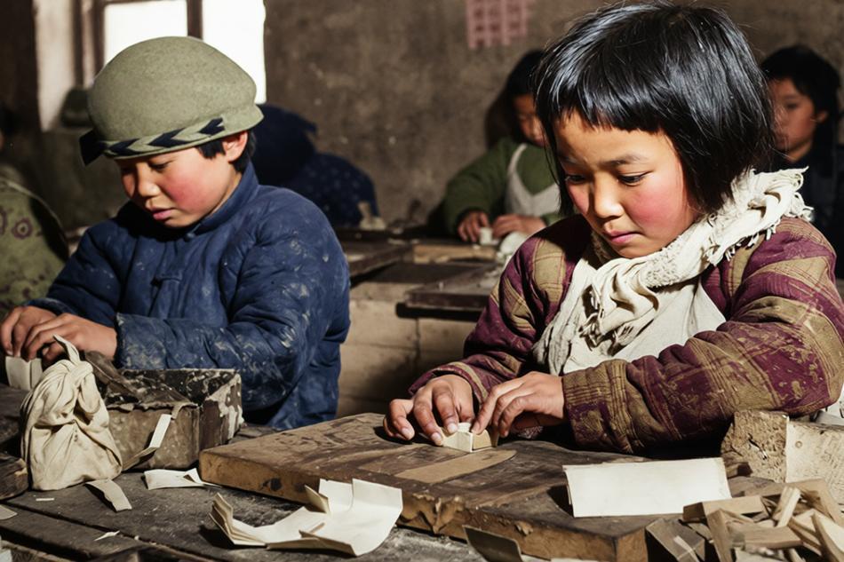 1945年，张家口市，两名儿童在一家火柴厂的车间内从事手工劳动，主要工作是切割、