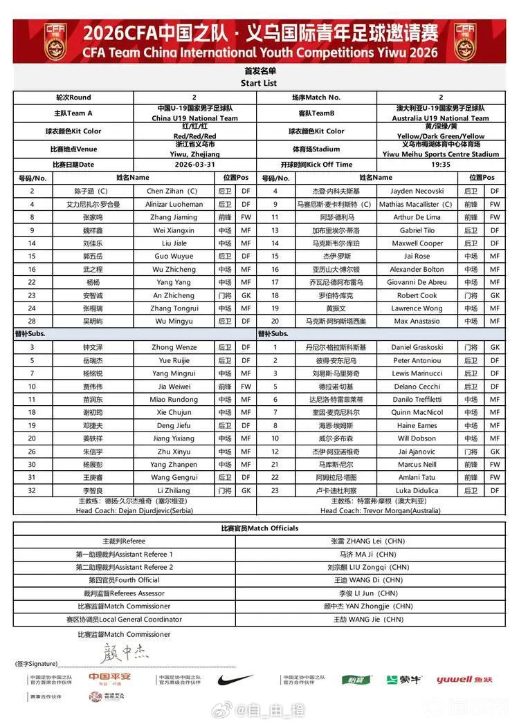2026CFA中国之队·义乌国际青年足球邀请赛，中国U-19男足VS 澳大利亚U