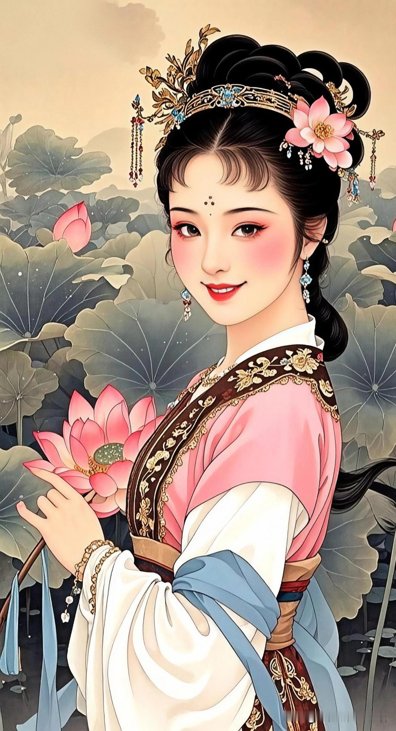 莲花香里人如玉，笑语盈盈似画中。