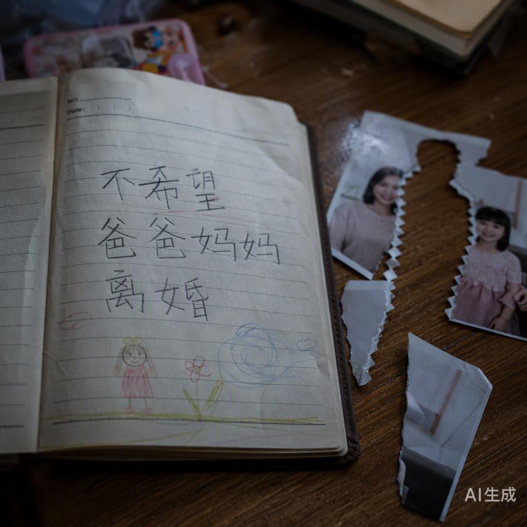 孩子把全家福里的父亲剪掉，这种无声的切割比任何哭闹都更具穿透力。一边在日记里写着