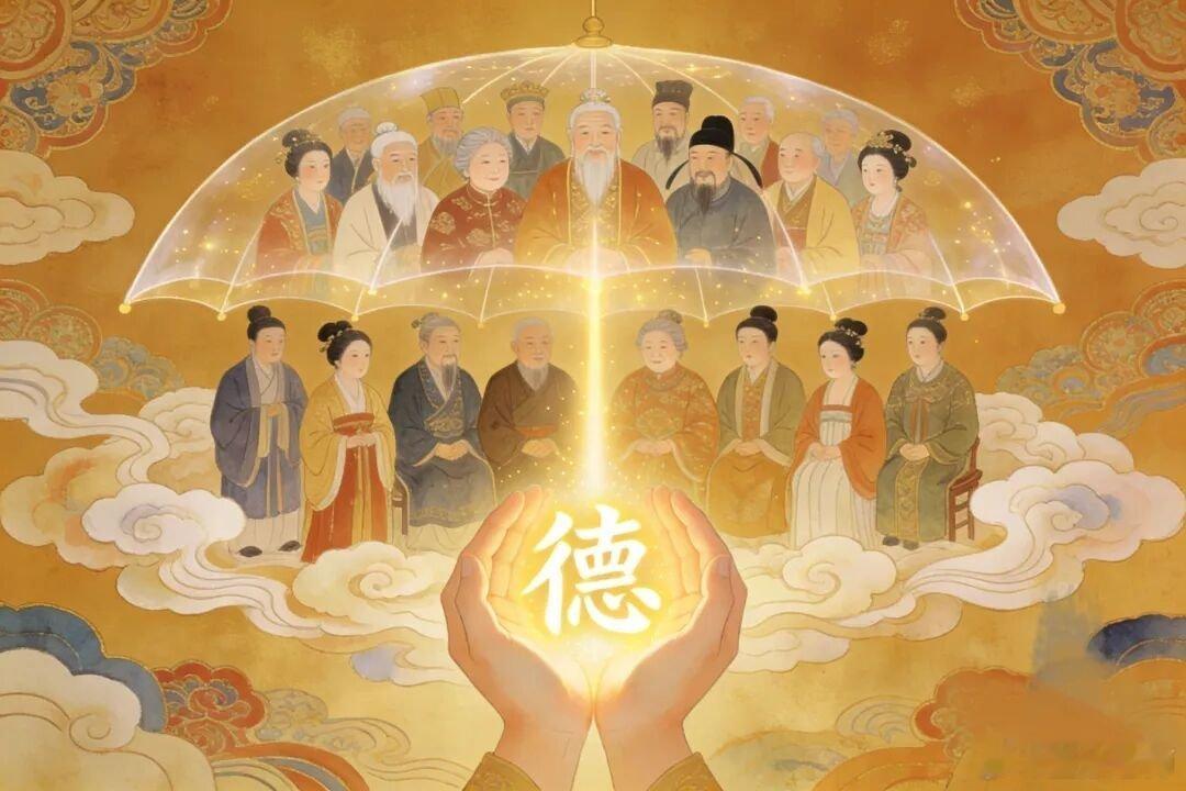 上代种善因：勤俭持家，谦和处世，口吐莲花。此为存福。下代得善果：耳聪目明，遇难呈