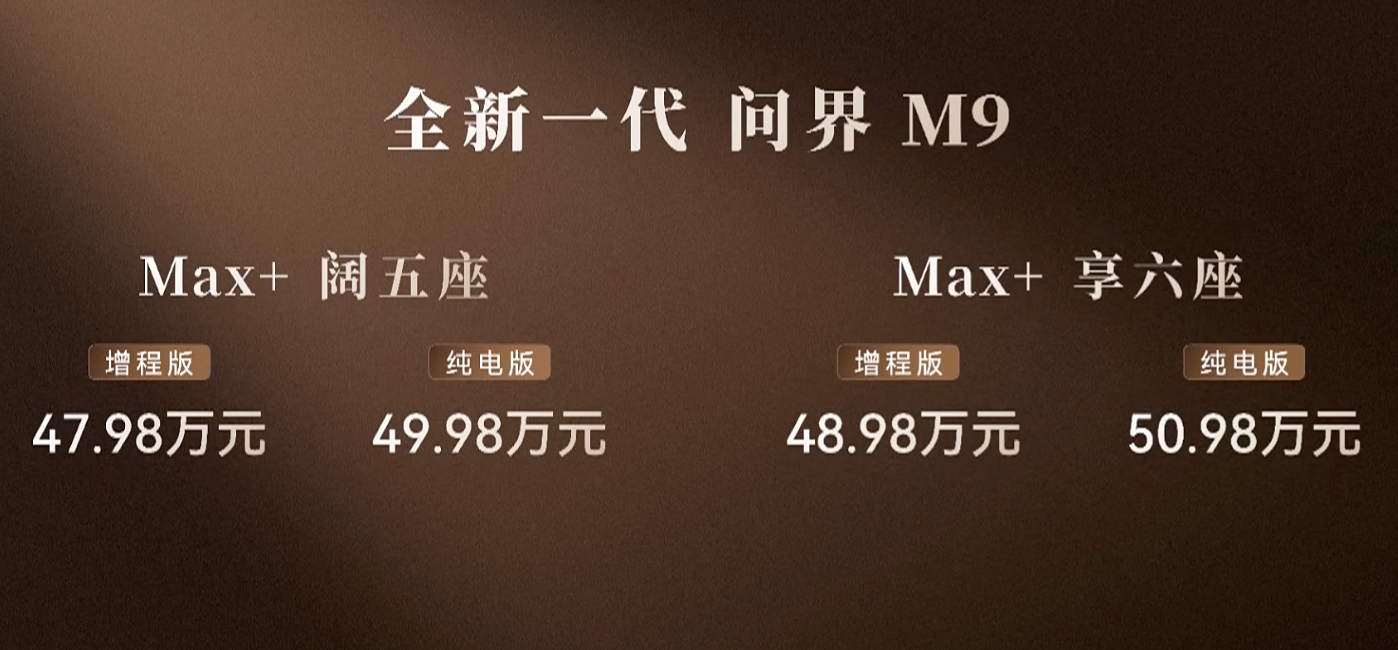 新一代问界M9价格公布Max+5座增程/纯电：47.98万 / 49.98万6座