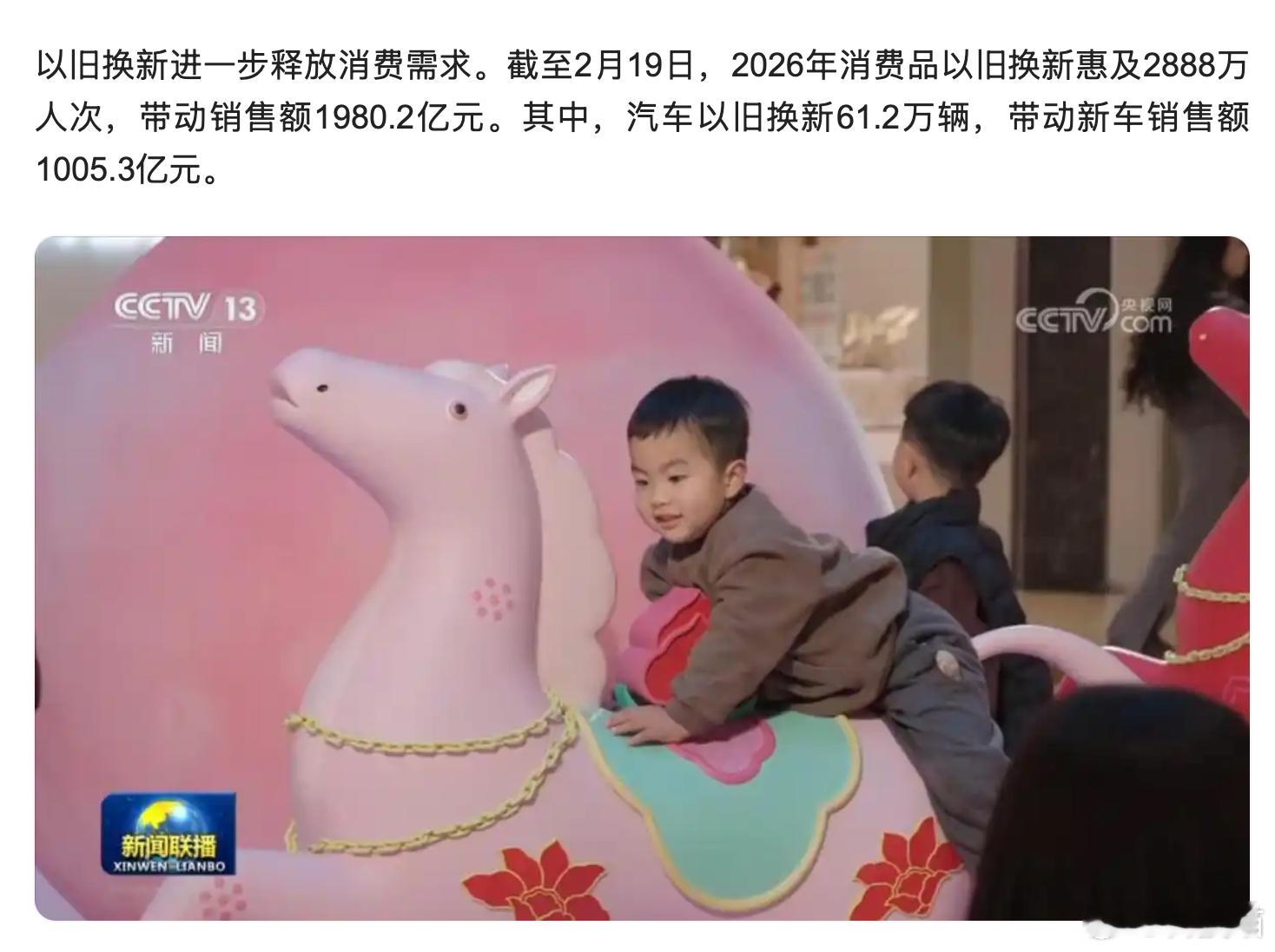 截至2月19日，2026年消费品以旧换新惠及2888万人次，带动销售额1980.