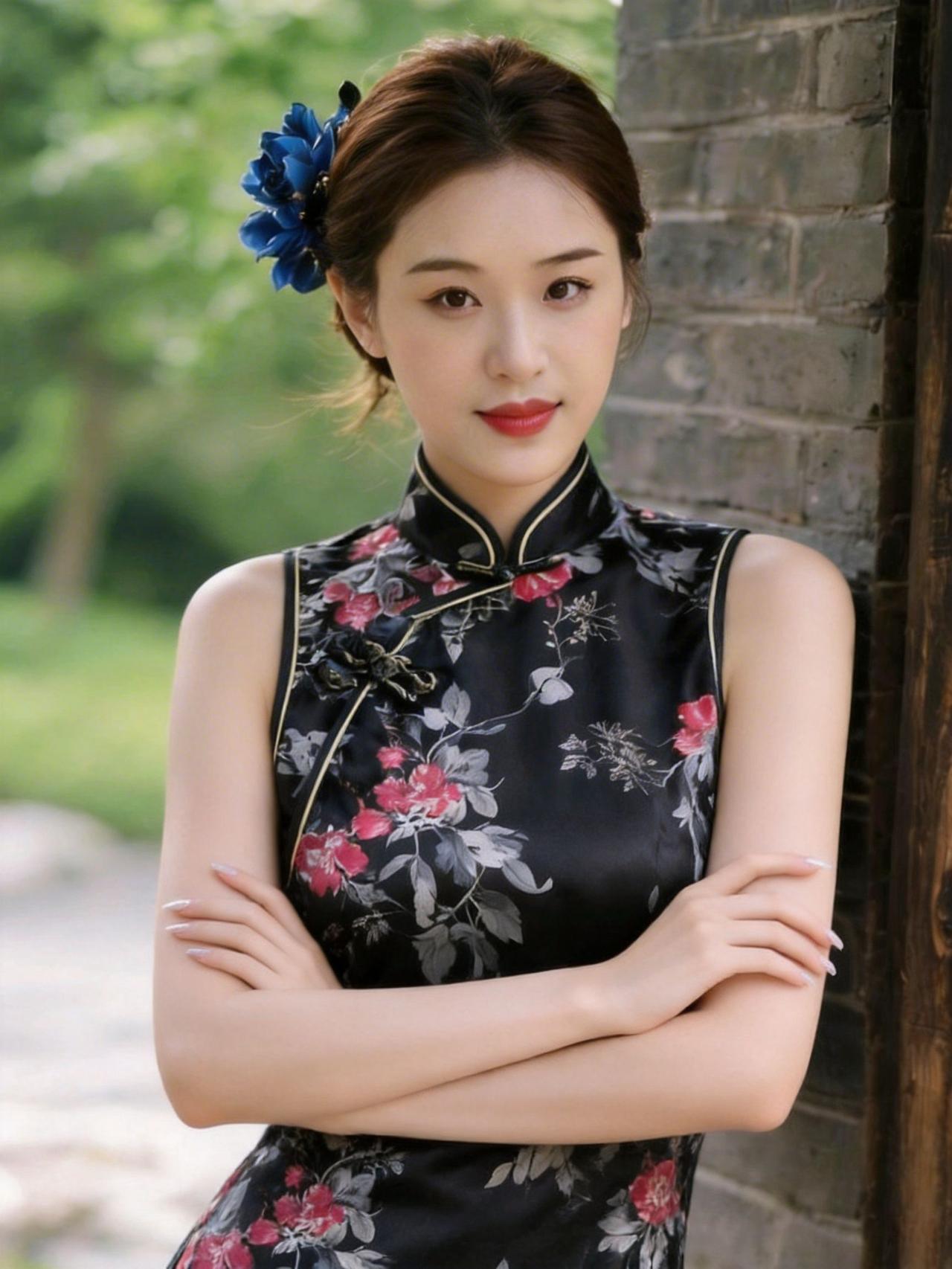 旗袍的花纹如夜空繁星，点缀着古典的优雅。盘扣间藏着旧时光的秘密，每一针每一线都诉