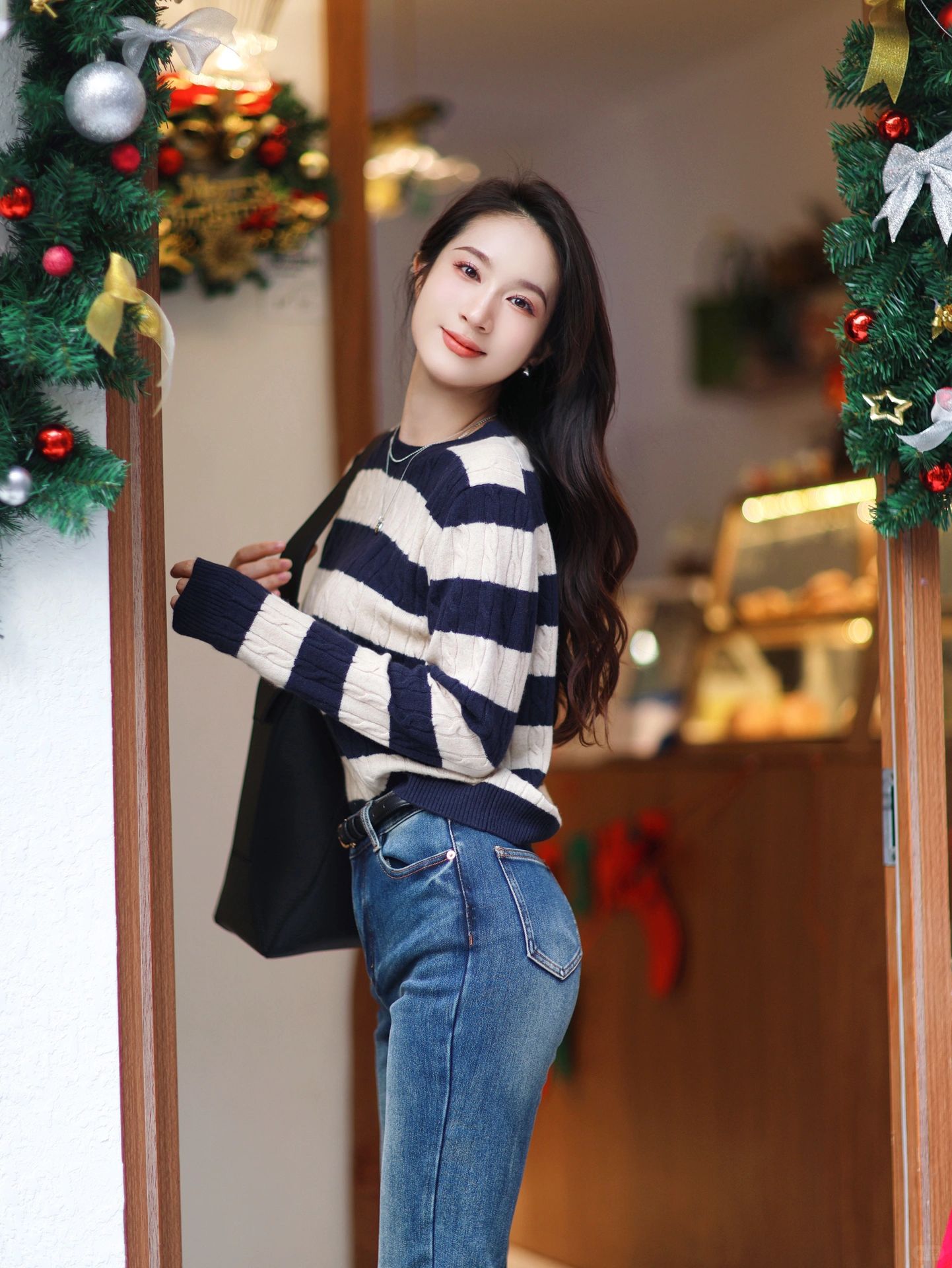 条纹针织➕牛仔裤👖简单随性感