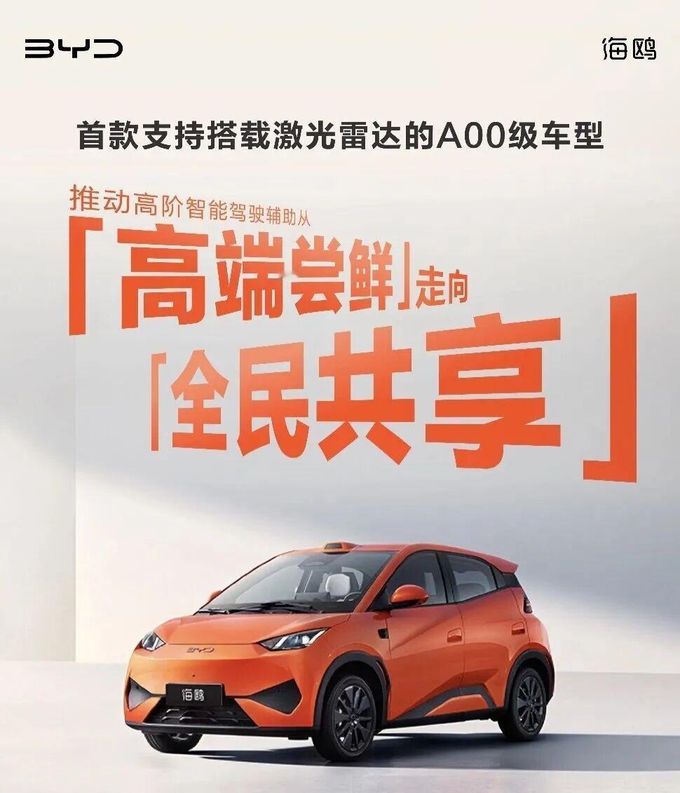 5月11日，比亚迪将发布首款支持搭载激光雷达A00级轿车-2026款海鸥，主打高