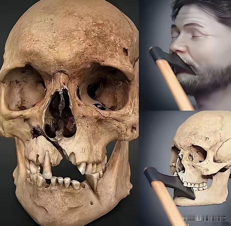 头骨复原之后，呈现出来的样子，还原了当时的真相，这个人在生前的时候，面部遭到了斧